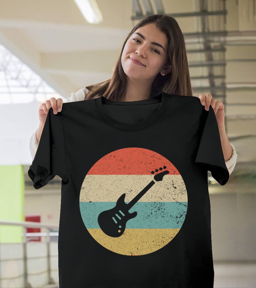 Vintage Retro Bass Guitar Silhouette Sunset Stripes T-Shirt