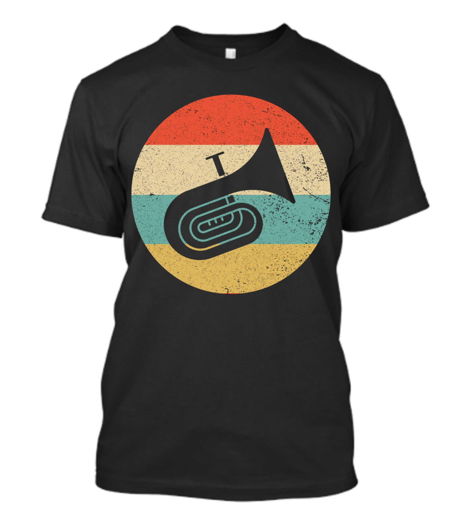 Vintage Retro Tuba Circle With Distressed Rainbow Stripes Background T-Shirt