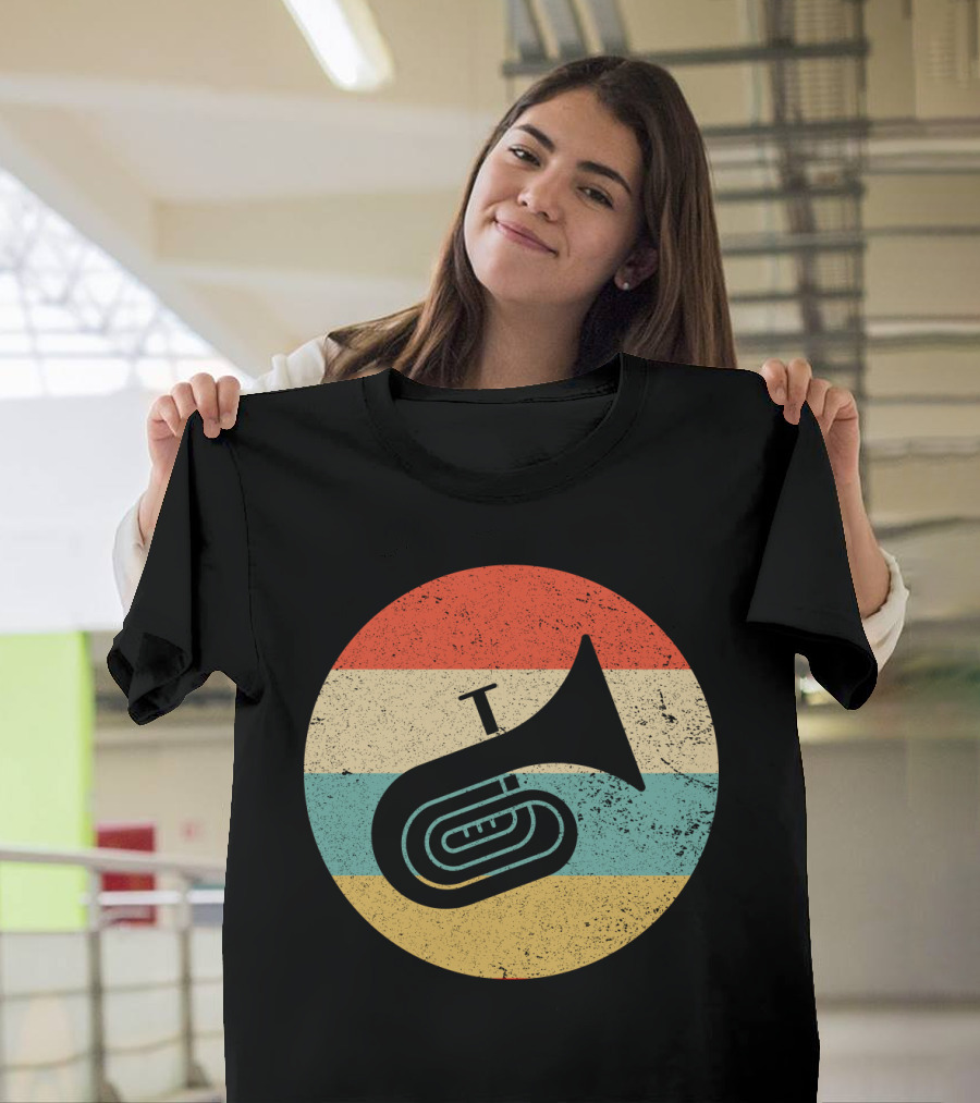 Vintage Retro Tuba Circle With Distressed Rainbow Stripes Background T-Shirt