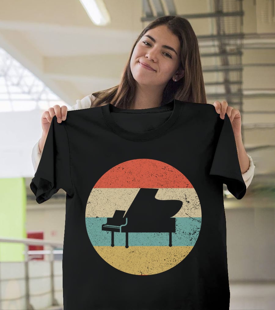 Vintage Retro Piano Silhouette With Stripes T-Shirt