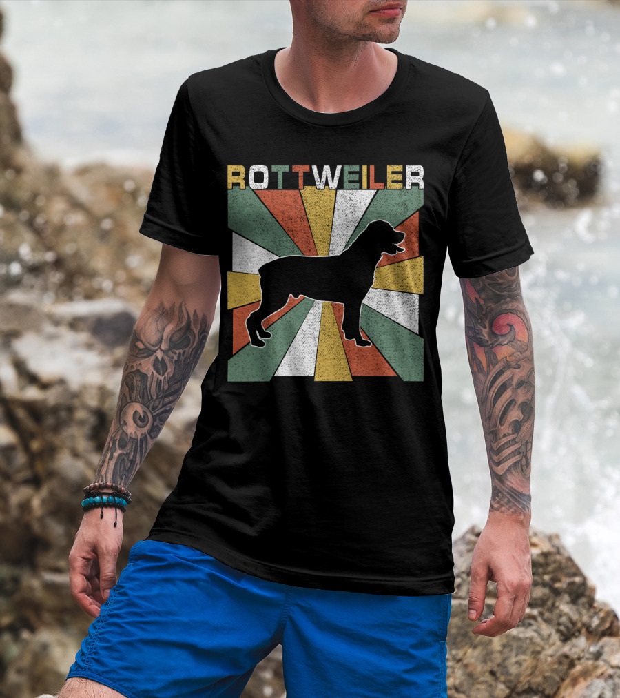 Rottweiler Dogs Retro 70s Vintage Silhouette Multicolor Stripes T-Shirt