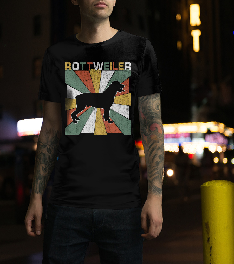 Rottweiler Dogs Retro 70s Vintage Silhouette Multicolor Stripes T-Shirt