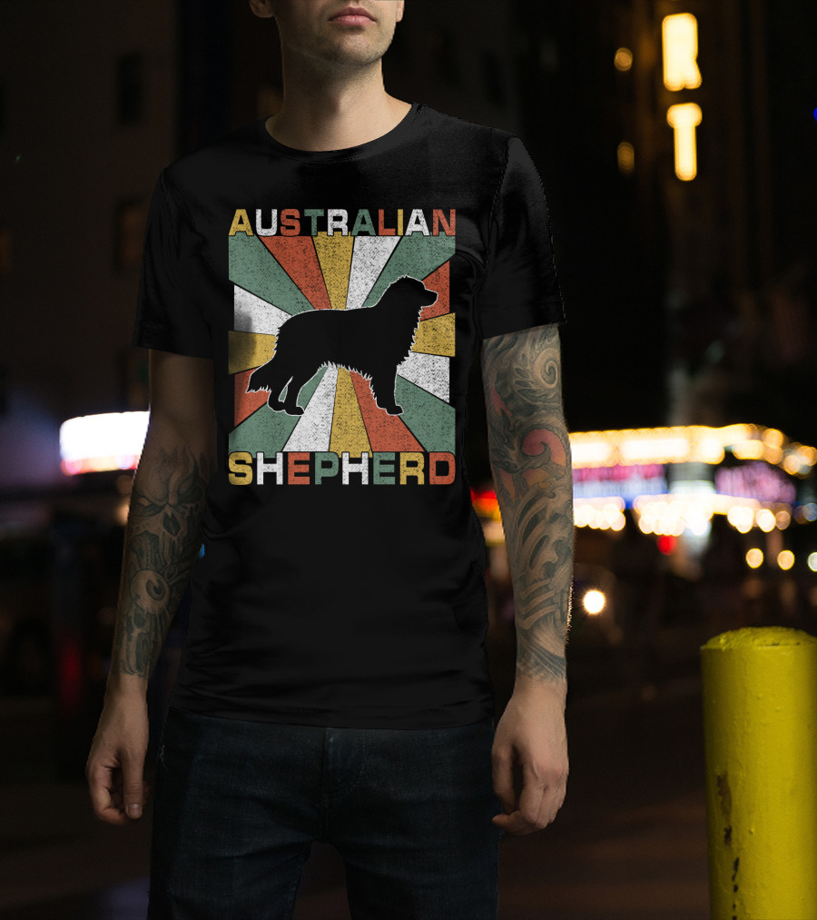 Australian Shepherd Dog Silhouette Retro 70s T-Shirt