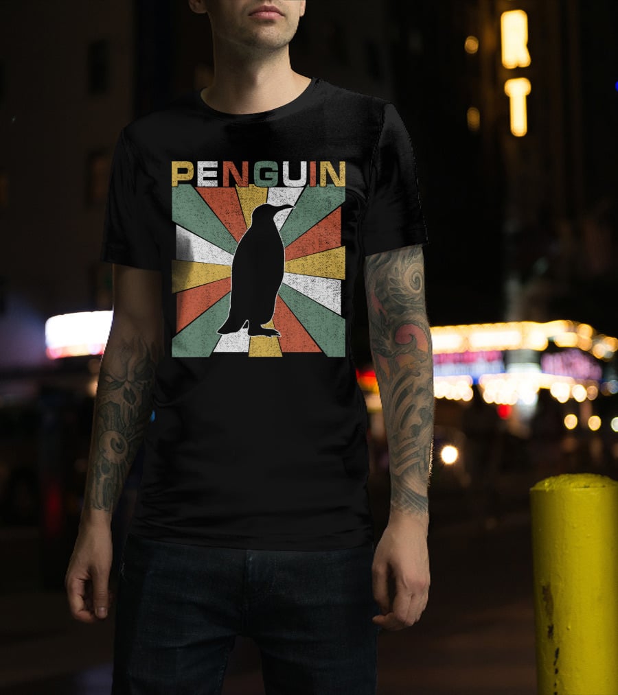 Penguin 70s Silhouette Vintage Retro Sunburst T-Shirt