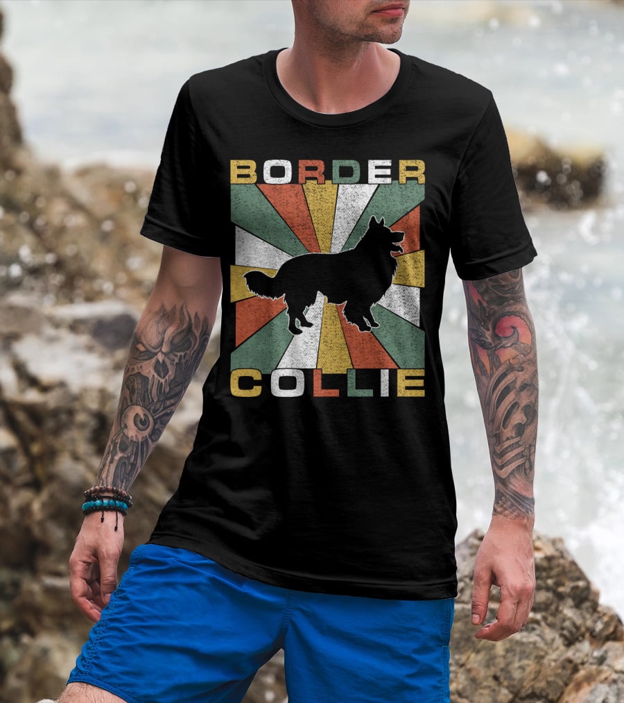 Border Collie Retro 70s Silhouette Radiant Stripes T-Shirt