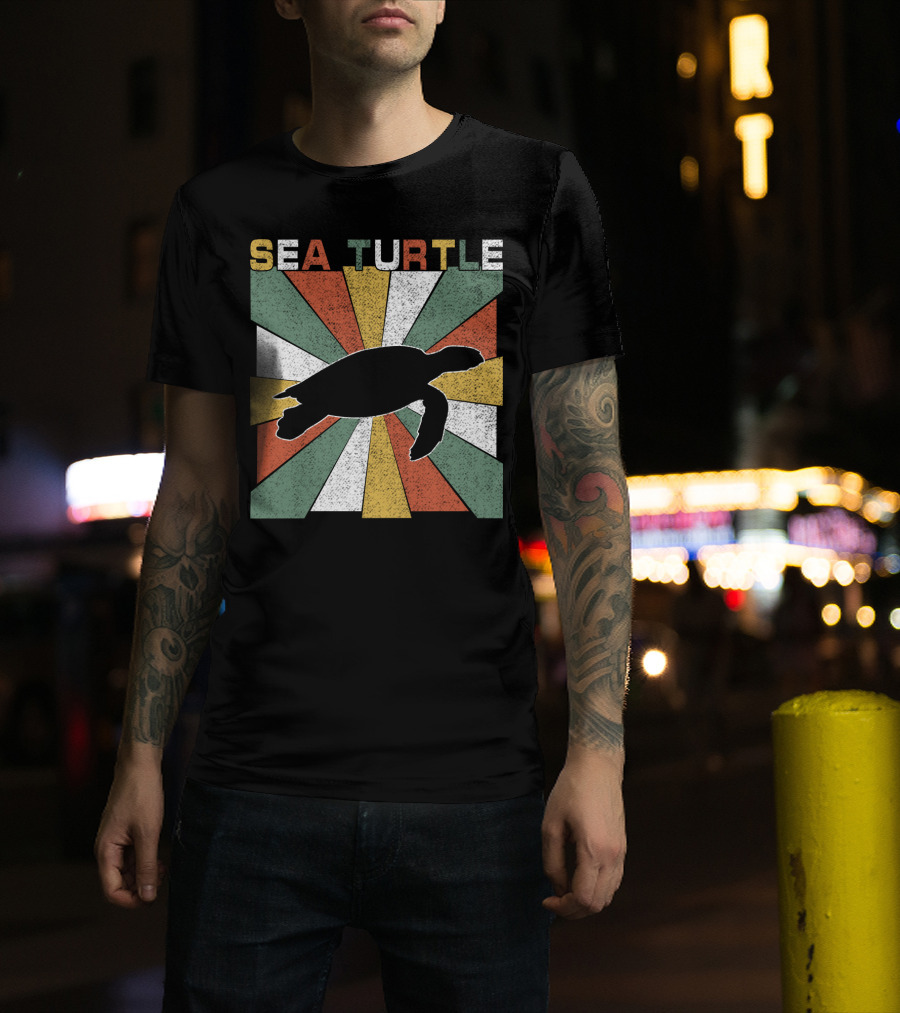 Sea Turtle Retro 70s Vintage Silhouette Distressed Color Blocking T-Shirt