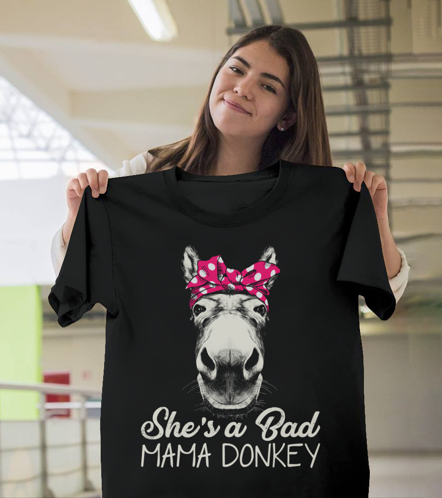 She's A Bad Mama Donkey With Pink Polka Dot Bandana T-Shirt