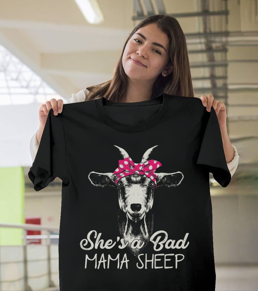 She's A Bad Mama Sheep Goat With Polka Dot Bow T-Shirt
