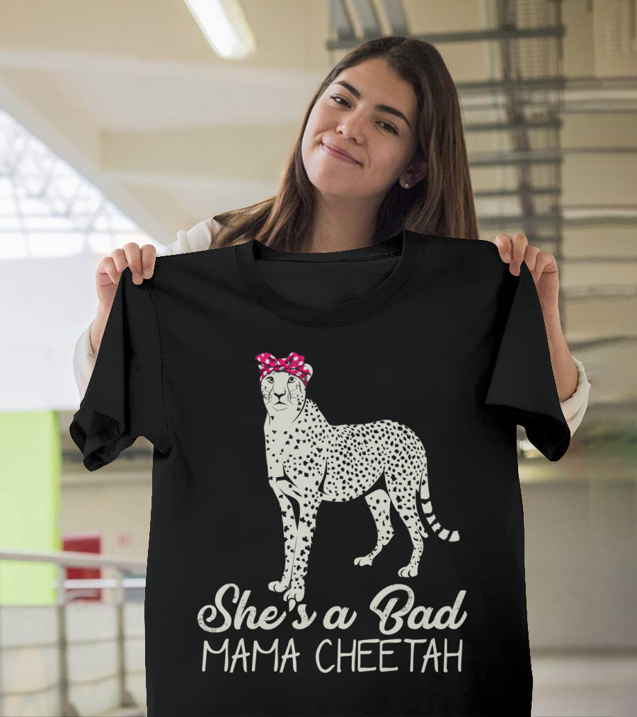She's A Bad Mama Cheetah With Pink Polka Dot Bow T-Shirt