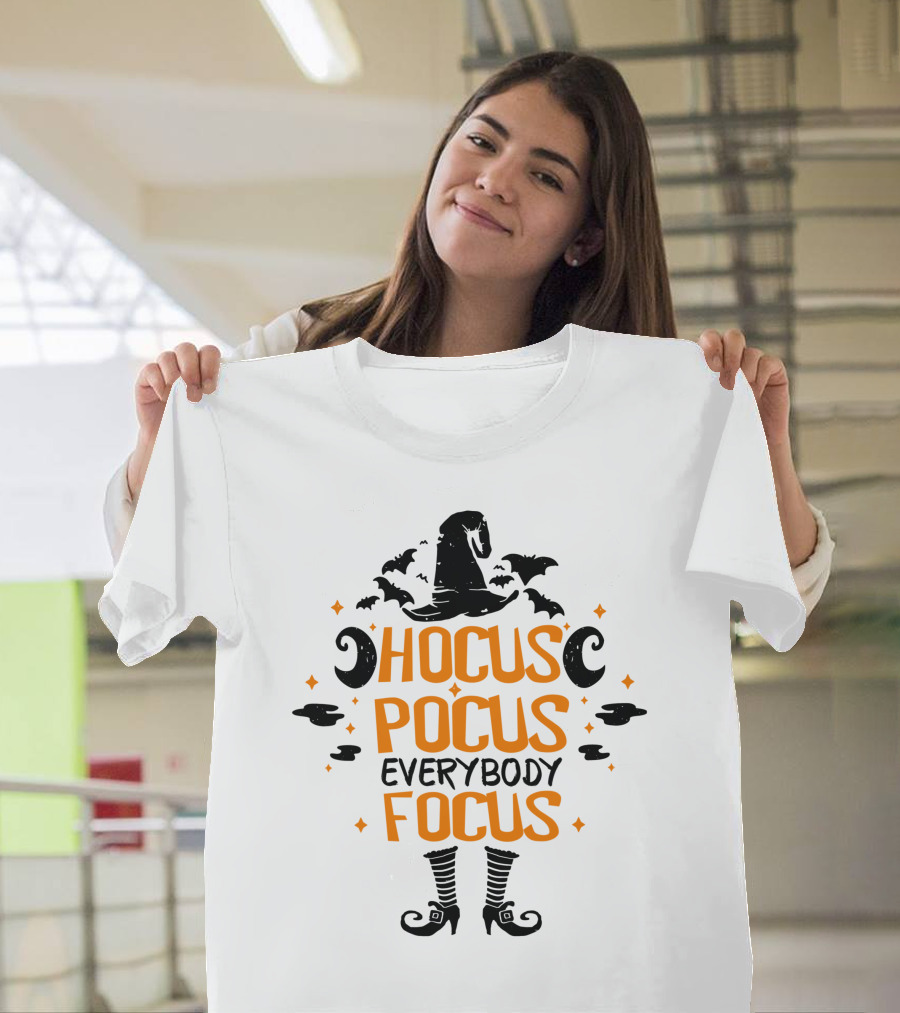 Halloween Hocus Pocus Everybody Focus Funny Teacher Witch Hat Bats Boots T-Shirt