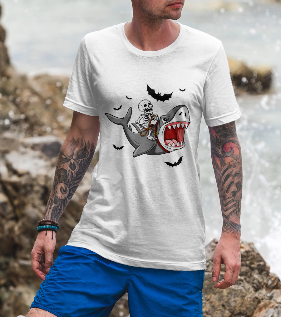 Skeleton Riding Shark With Bats T-Shirt
