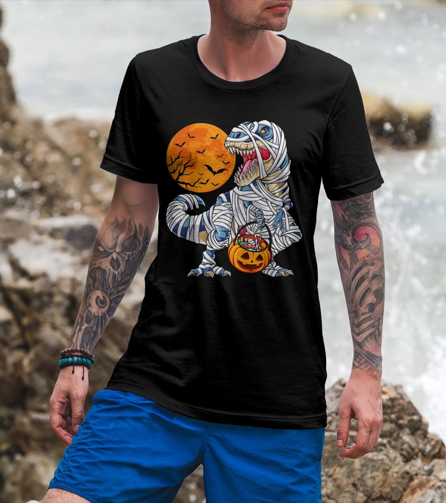 Halloween Dinosaur T-Rex Mummy Pumpkin Moon Bats T-Shirt