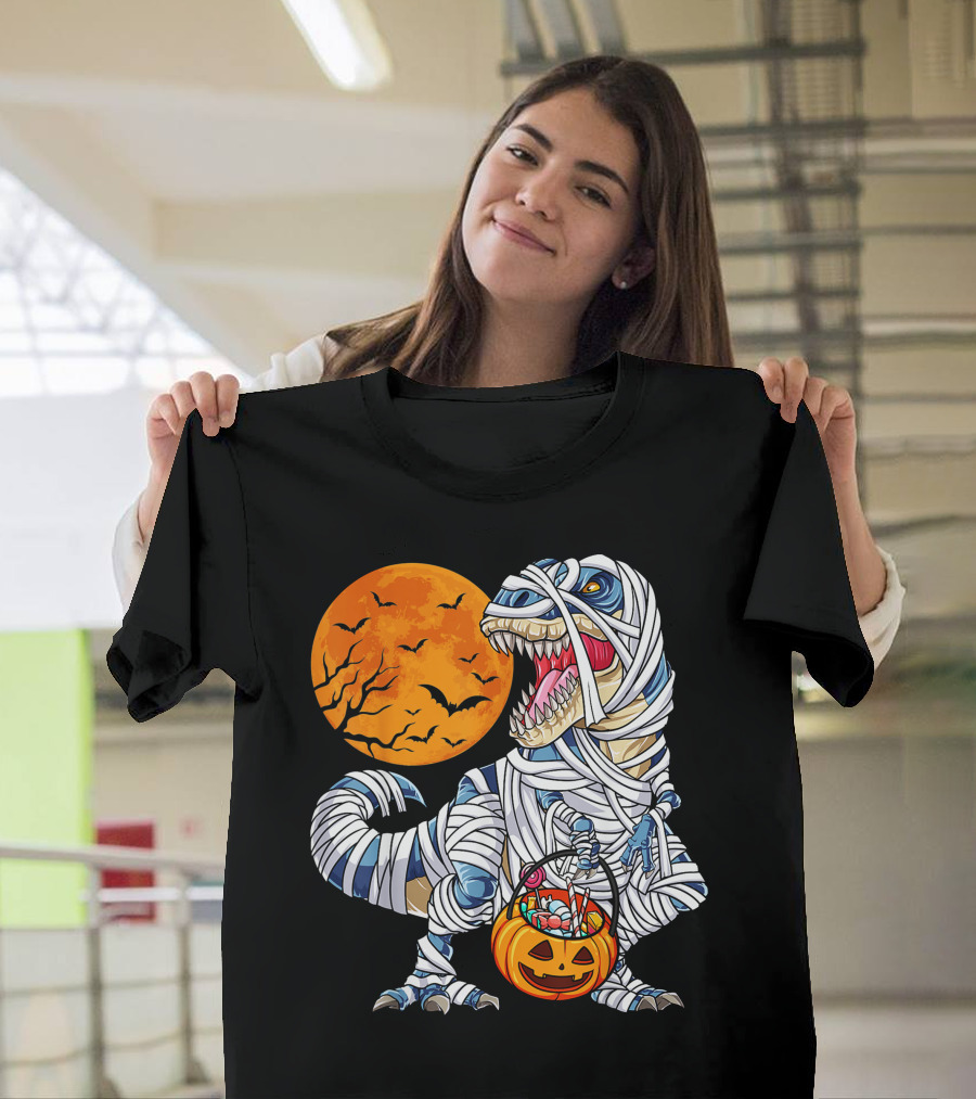 Halloween Dinosaur T-Rex Mummy Pumpkin Moon Bats T-Shirt