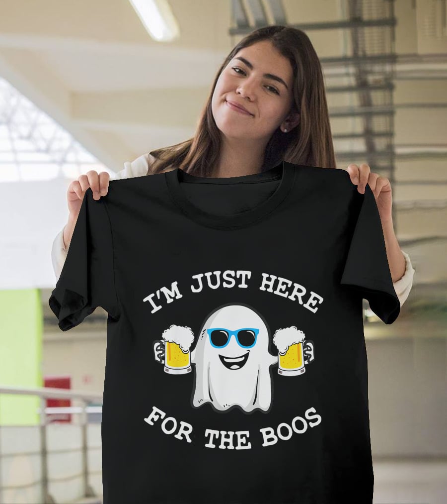 I'm Just Here For The Boos Funny Halloween Ghost With Beers And Sunglasses T-Shirt