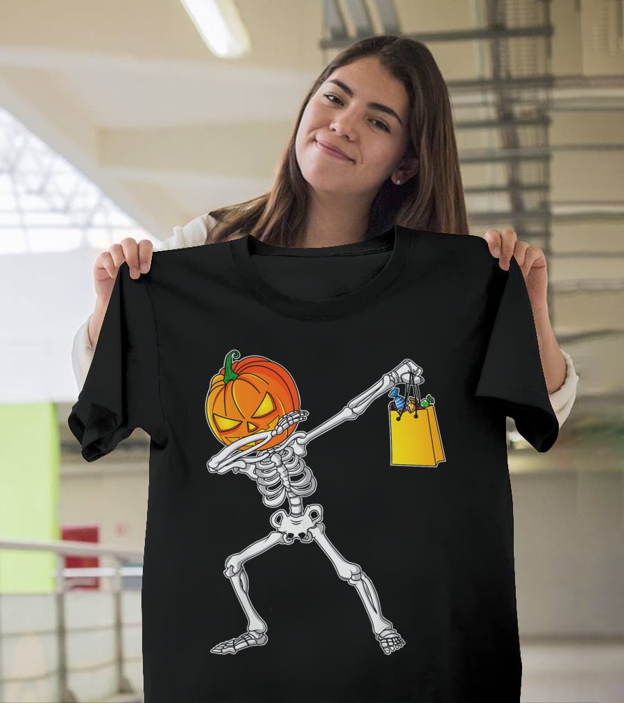 Funny Dabbing Skeleton With Pumpkin Head And Candy Bag For Halloween Kids T-Shirt