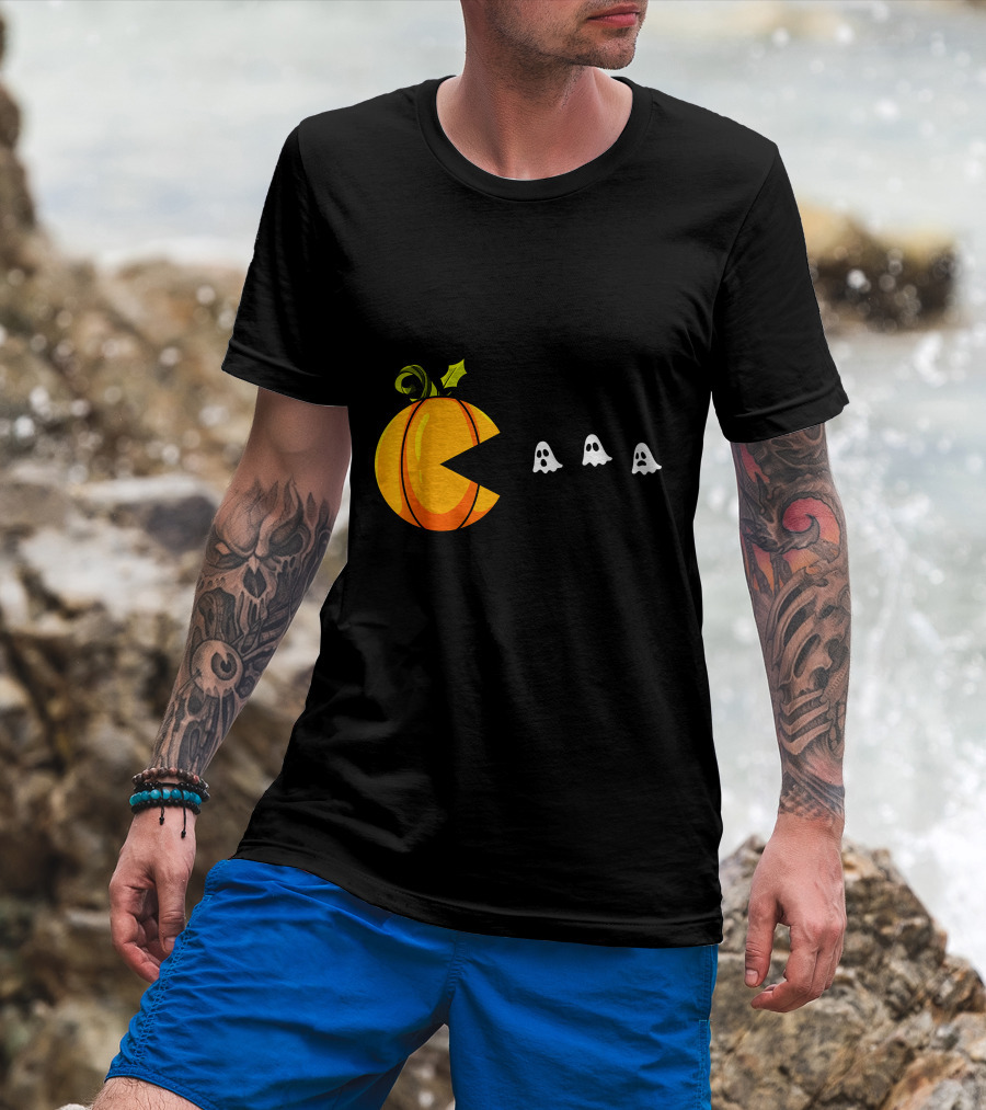 Pumpkin Pac-Man Chomping Ghosts Halloween T-Shirt