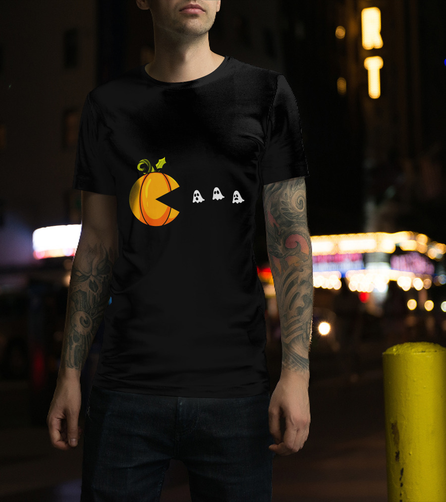 Pumpkin Pac-Man Chomping Ghosts Halloween T-Shirt