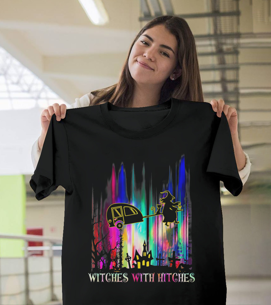 Witches With Hitches Halloween Camping Scene With Colorful Background T-Shirt