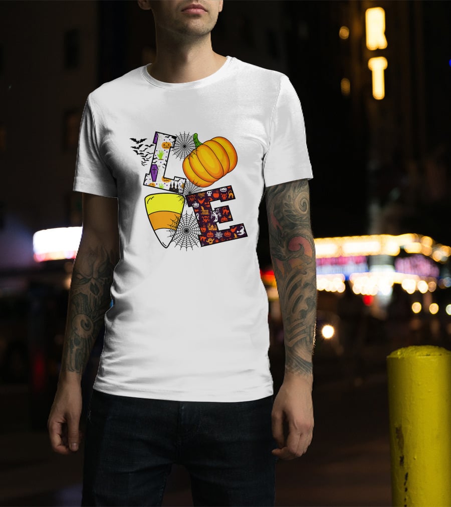 Love Pumpkin Candy Corn Halloween Spiderweb Bats Ghosts T-Shirt
