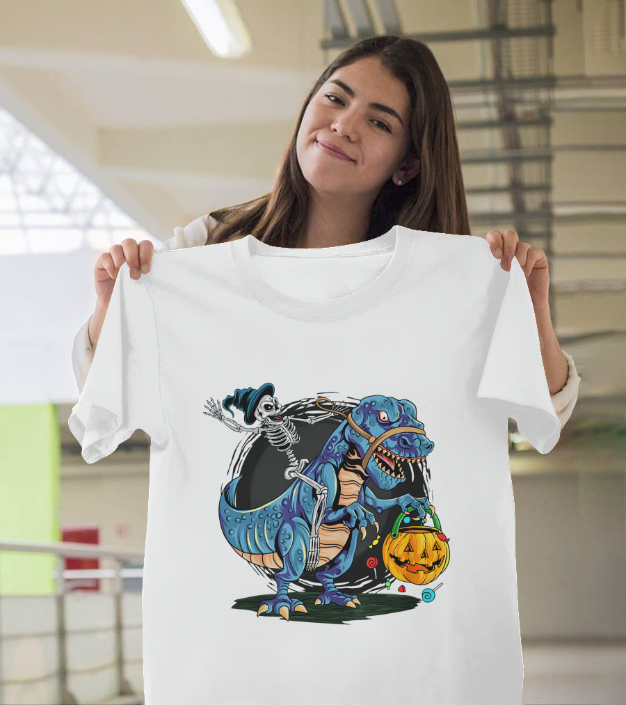 Skeleton Riding Dinosaur Halloween Candy Pumpkin Monster T-Shirt