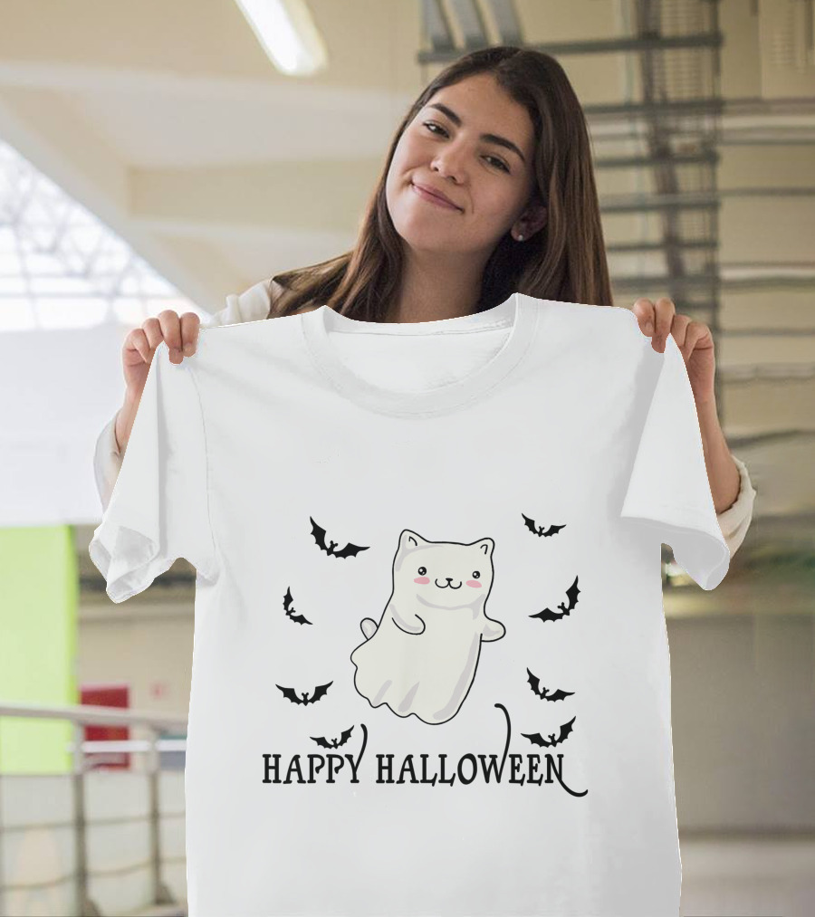 Happy Halloween Ghost Cat with Flying Bats T-Shirt