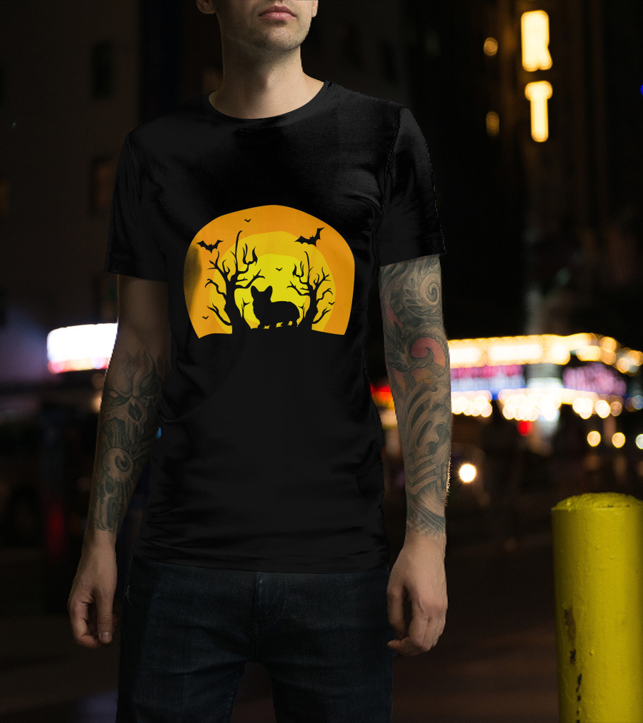 Corgi Dog Bat Halloween Silhouette With Moon And Trees T-Shirt