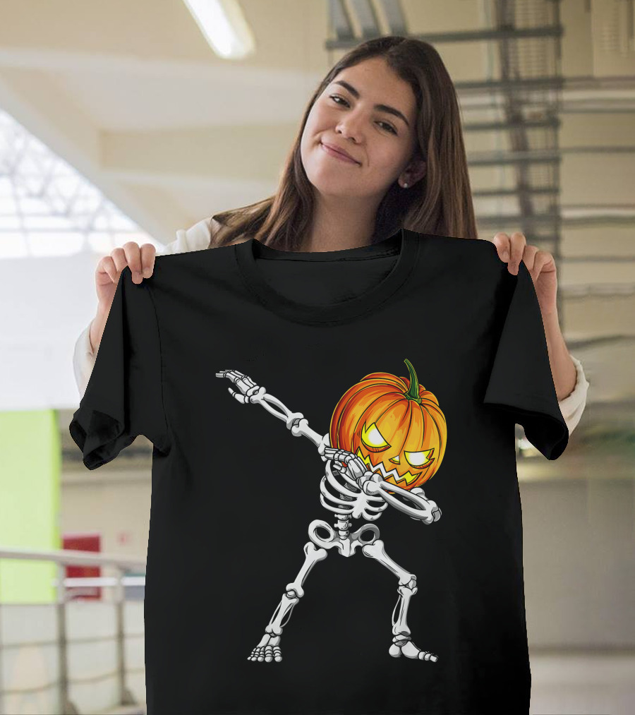 Halloween Dabbing Skeleton With Pumpkin Head T-Shirt