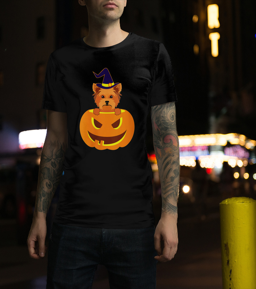 Yorkie Witch Hat Pumpkin Halloween Yorkshire Terrier T-Shirt