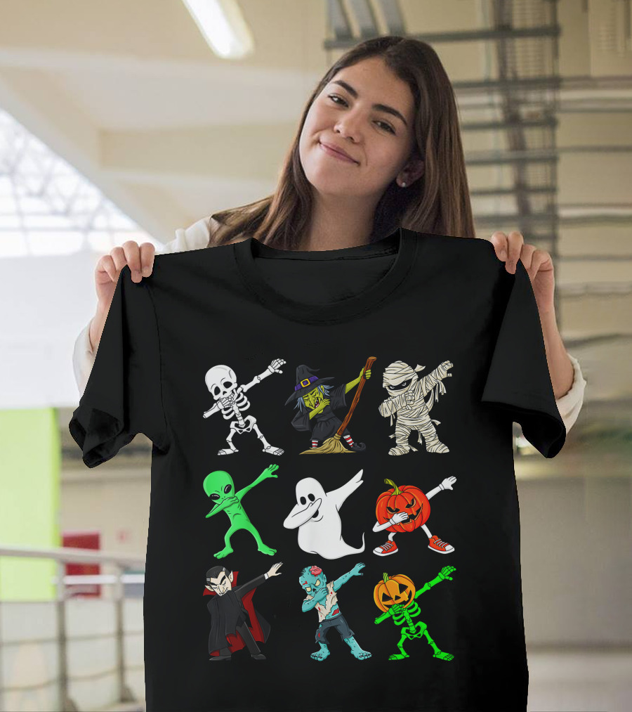 Halloween Dabbing Skeleton Witch Mummy Alien Ghost Pumpkin Vampire Zombie Monsters T-Shirt
