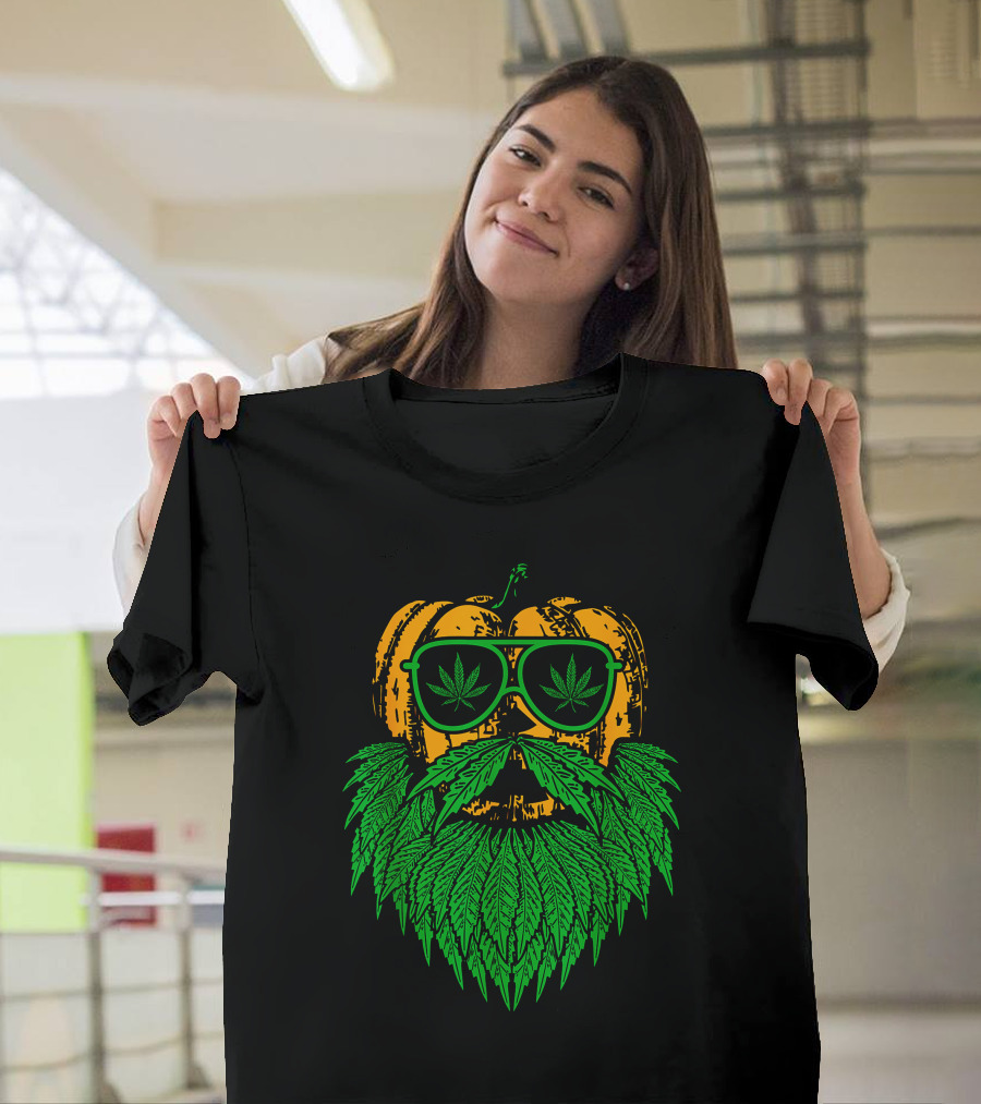 Weed Leaf Bearded Pumpkin with Sunglasses Costume Cool T-Shirt