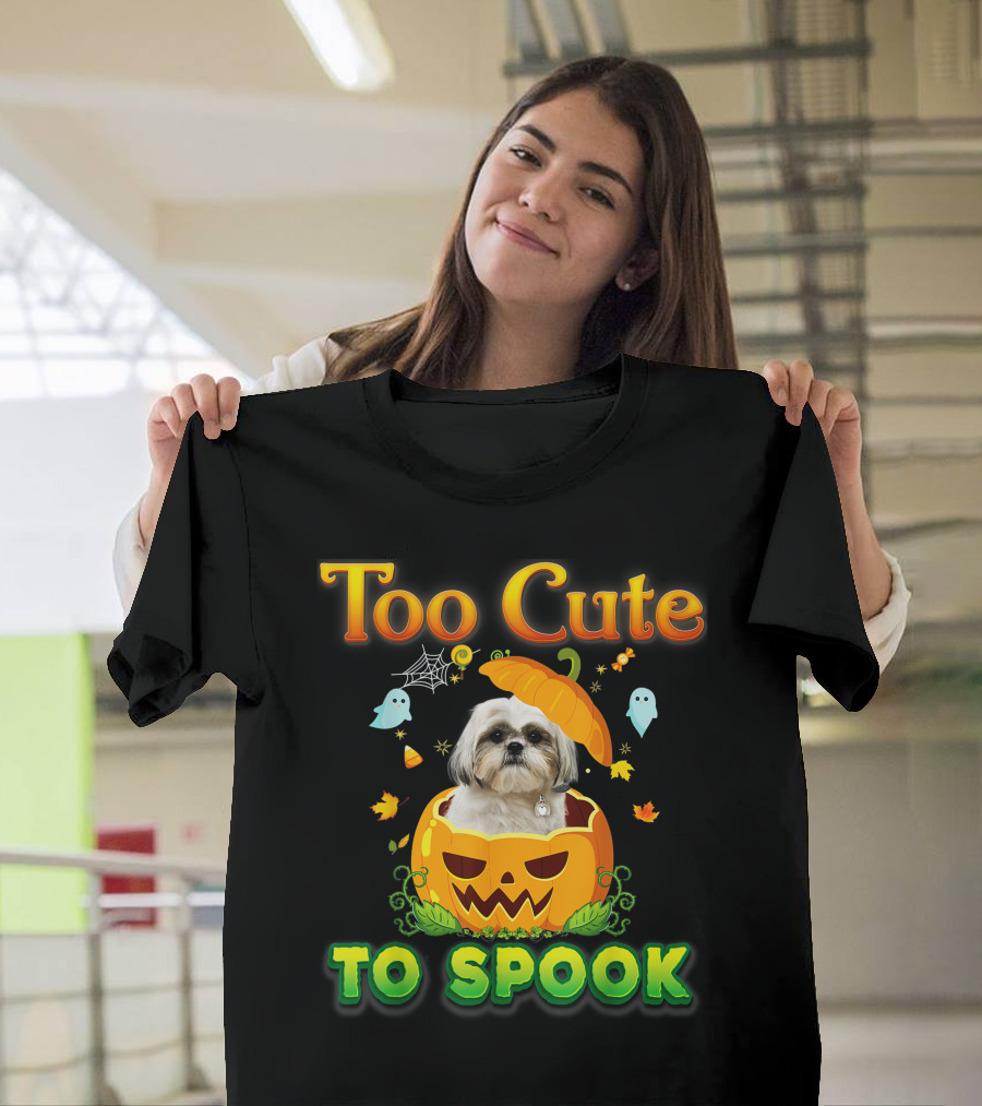 Too Cute To Spook Shih Tzu Dog in Pumpkin Halloween Ghost Leaves T-Shirt