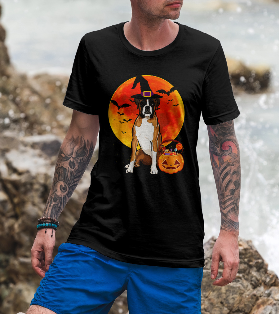 Boxer Dog With Witch Hat Pumpkin Full Moon Halloween Bats T-Shirt