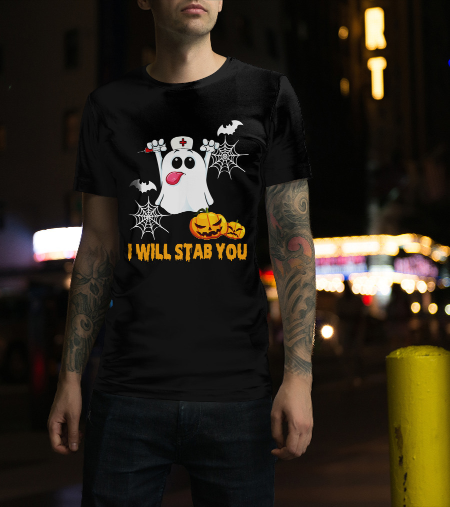 I Will Stab You Funny Nurse Ghost With Pumpkins And Bats T-Shirt