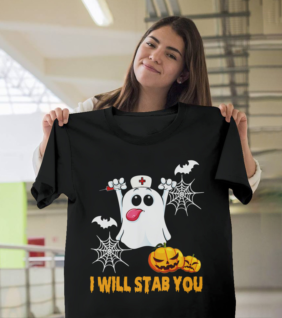I Will Stab You Funny Nurse Ghost With Pumpkins And Bats T-Shirt