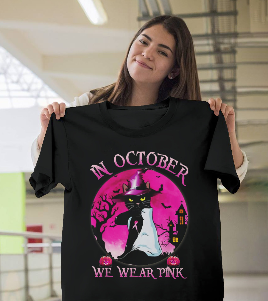 In October We Wear Pink Cat Halloween Pink Ribbon Moon Bats Jack O'Lanterns T-Shirt