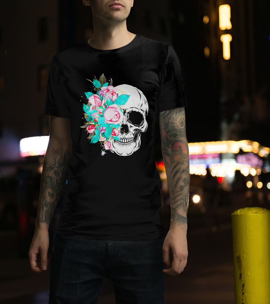 Flower Skull Floral Fusion With Vintage Rose Elements T-Shirt