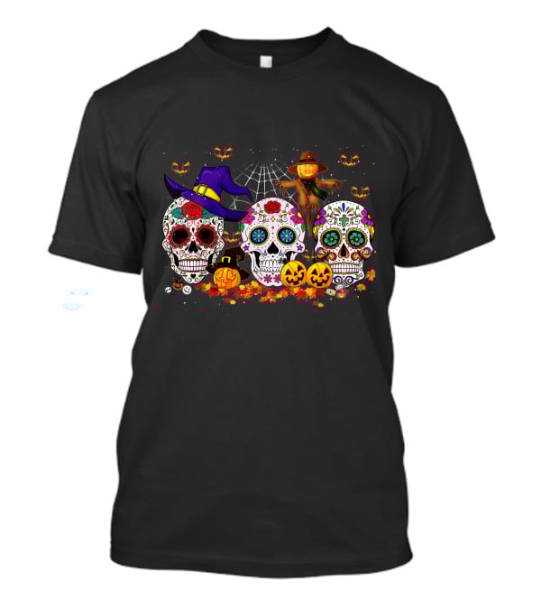 Sugar Skull Halloween Pumpkins And Scarecrow Scene T-Shirt