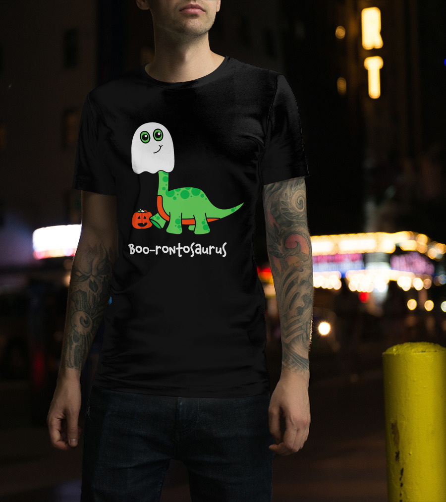 Boo-rontosaurus Ghost Dinosaur With Pumpkin Halloween Cute Funny Brontosaurus T-Shirt