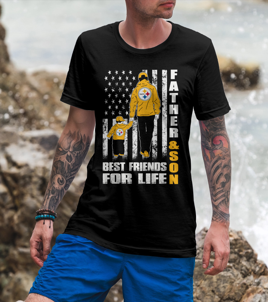 Father And Son Best Friends For Life Steelers Flag Background T-Shirt