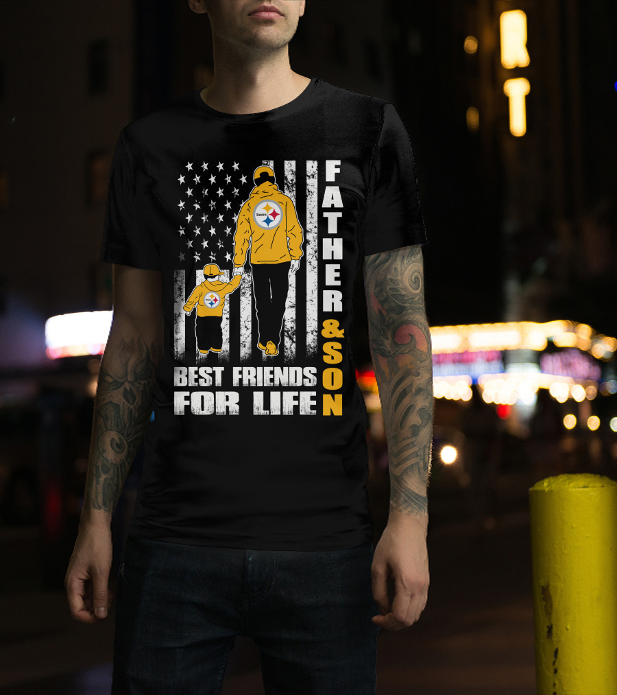 Father And Son Best Friends For Life Steelers Flag Background T-Shirt