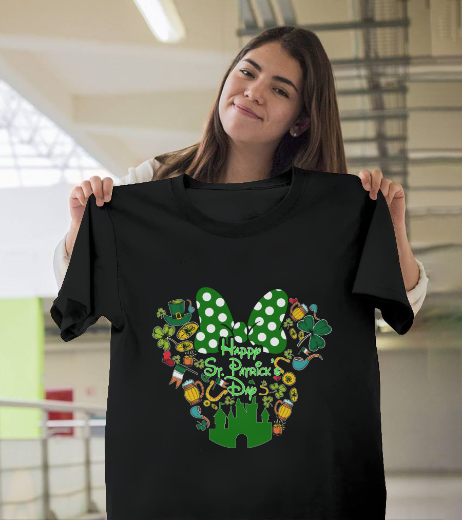 Happy St. Patrick's Day Green White Polka Dot Bow and Shamrocks T-Shirt