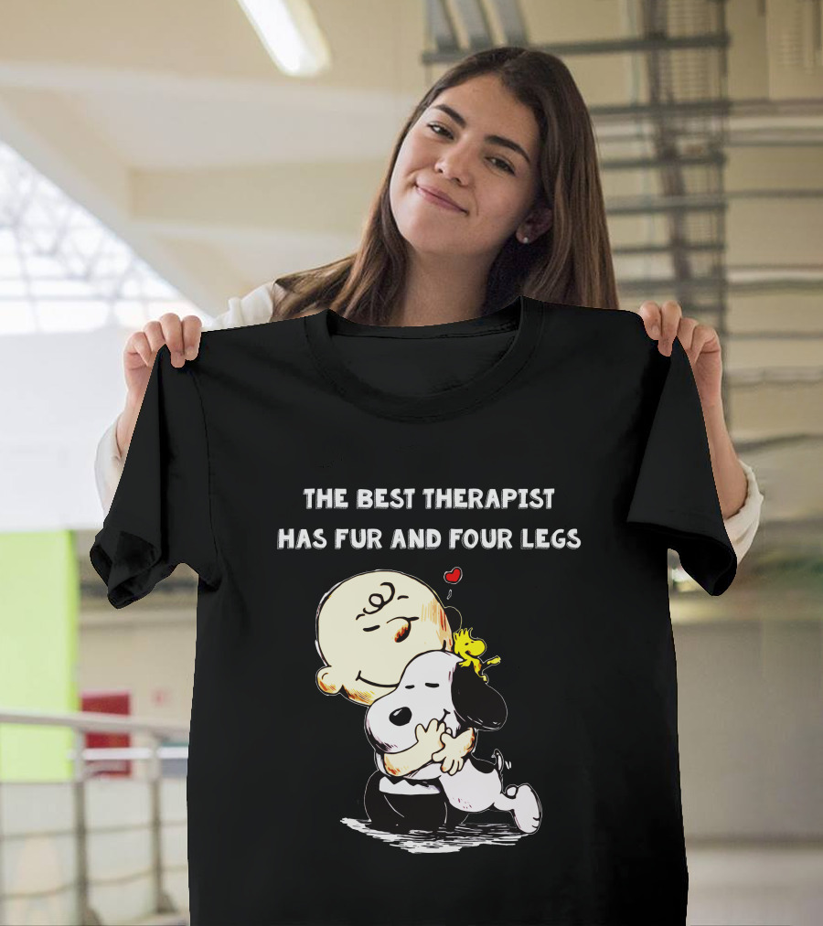 The Best Therapist Has Fur and Four Legs Charlie Brown Snoopy Woodstock Hug T-Shirt