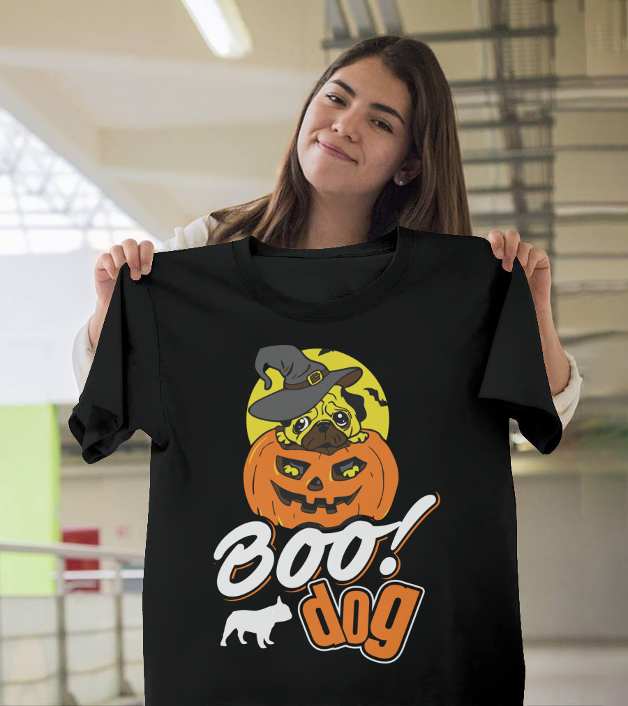 Boo Dog Pug in Witch Hat with Pumpkin Halloween T-Shirt