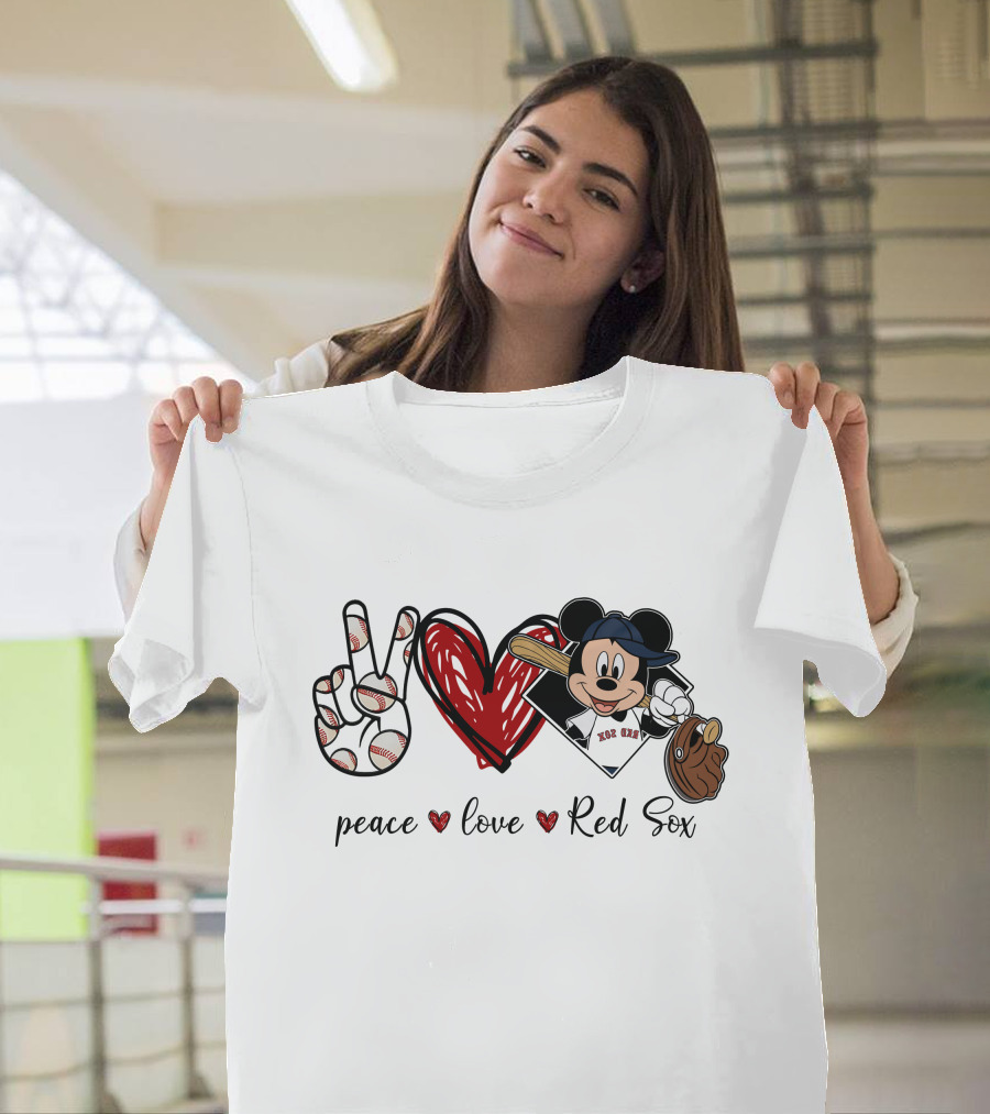 Peace Love Red Sox Mickey Baseball T-Shirt