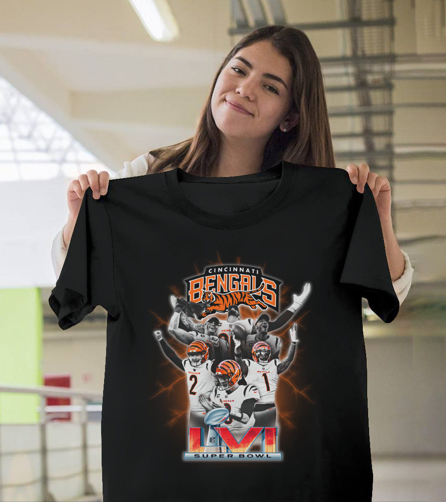 Cincinnati Bengals Players Celebrating Super Bowl LVI with Tiger Logo and Trophy T-Shirt