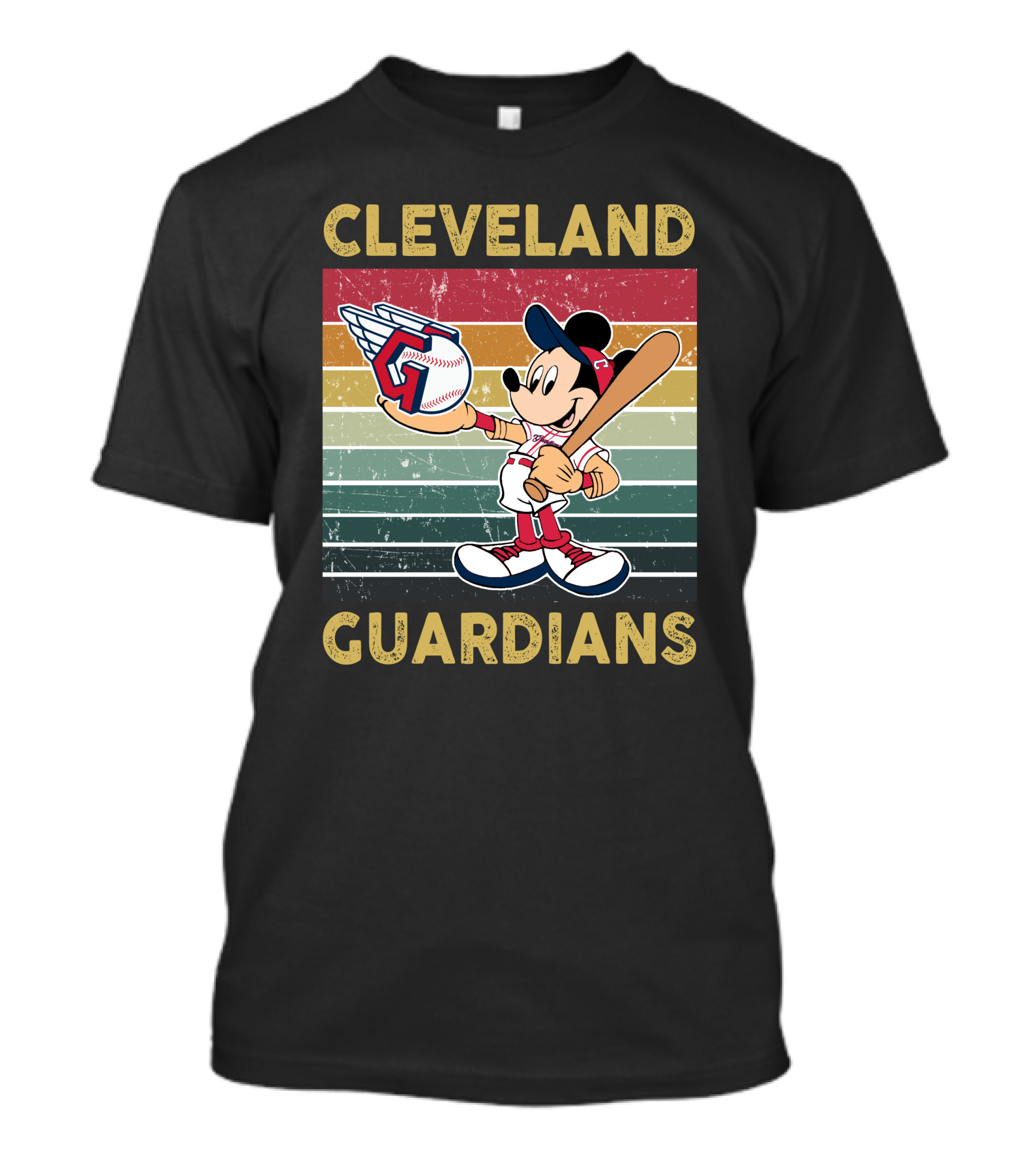 Cleveland Guardians Mickey Mouse Baseball Retro Stripes T-Shirt