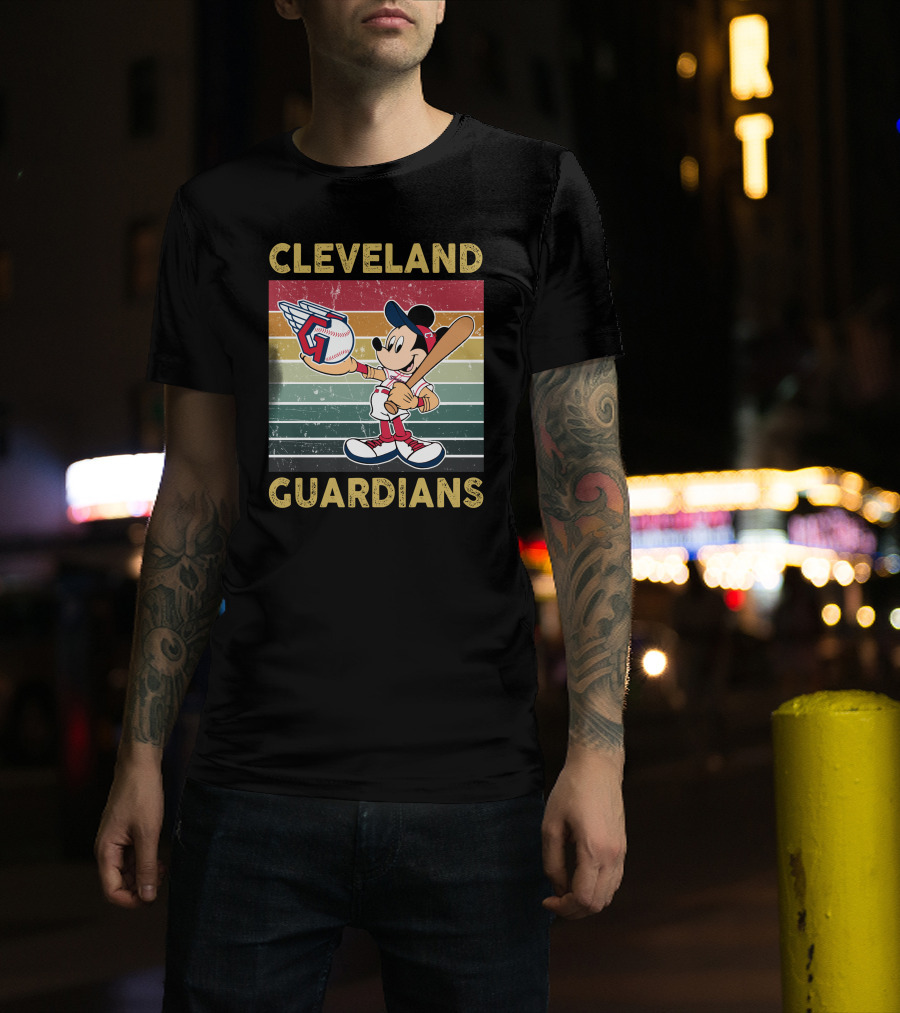 Cleveland Guardians Mickey Mouse Baseball Retro Stripes T-Shirt