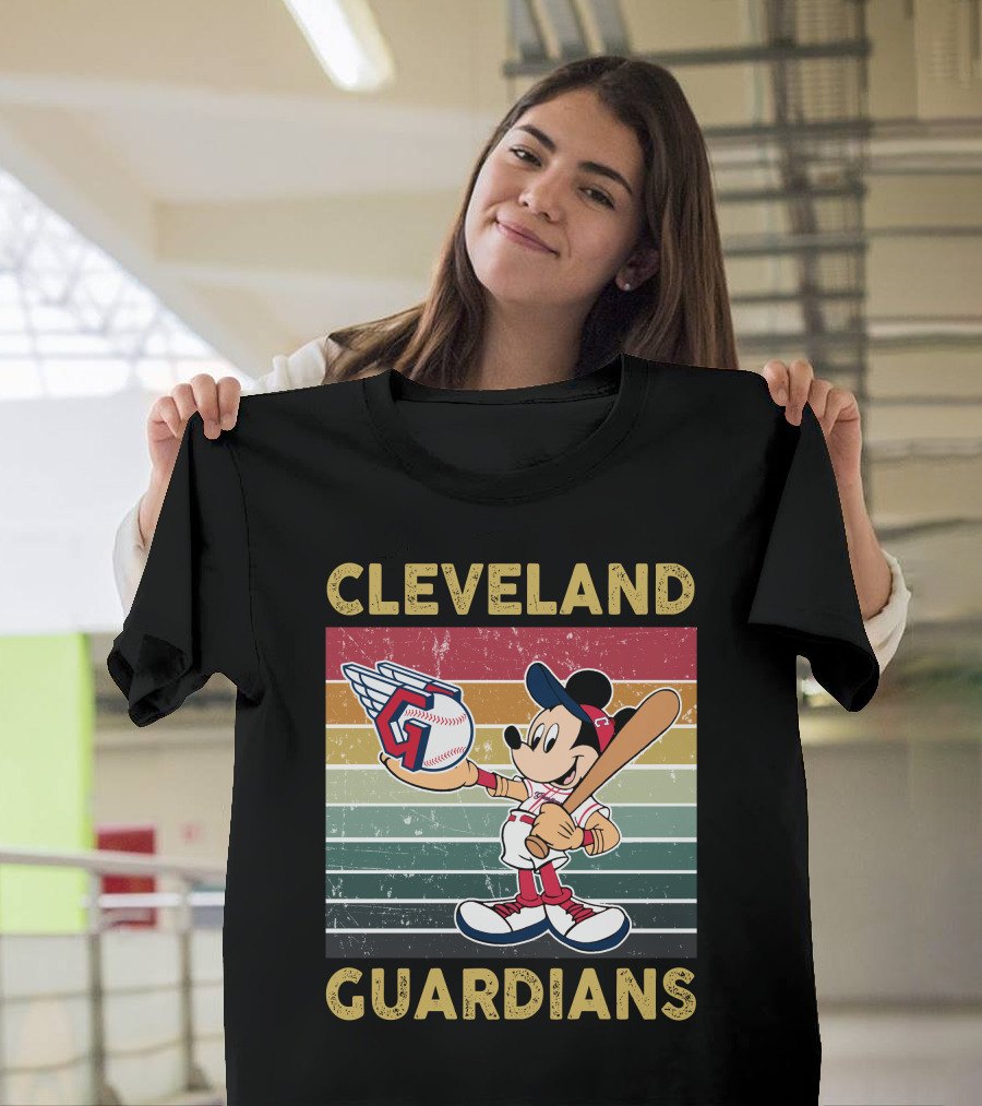 Cleveland Guardians Mickey Mouse Baseball Retro Stripes T-Shirt