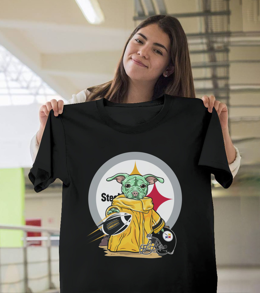 Pitbull Steelers Baby Holding Football with Steelers Logo and Helmet T-Shirt