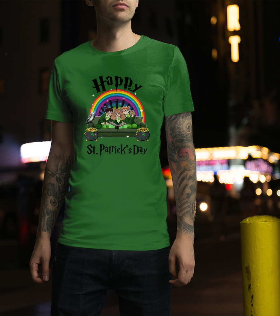 Happy St. Patrick's Day With Rainbow And Green Characters On Couch T-Shirt